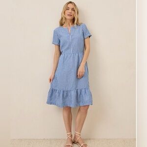 Pact Canopy Notch Neck Dress Bondi Stripe Linen Organic Cotton Blue Size XL